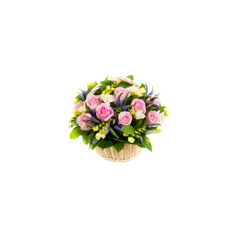 Basket with pink roses and freesias, white scented