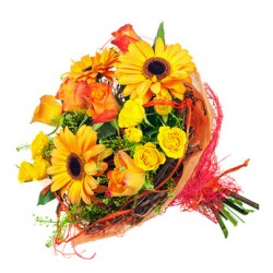 Bouquet of yellow roses,orange gerberas and green complementary