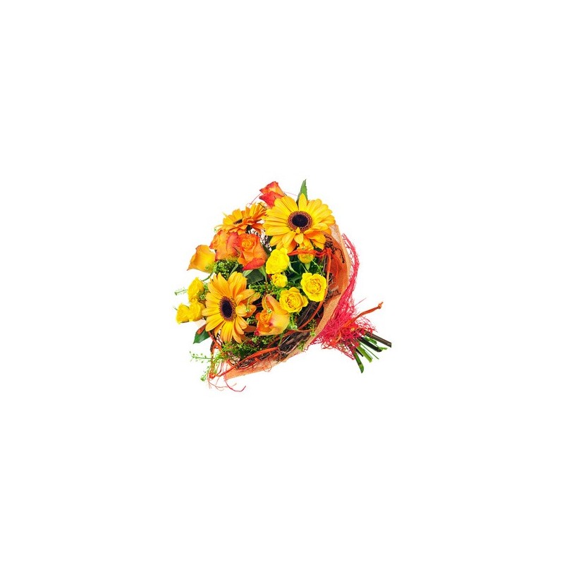 Bouquet di rose gialle,arancio gerbere e verde complementare