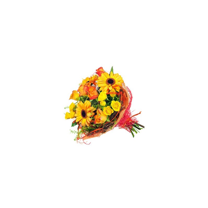 Bouquet of yellow roses,orange gerberas and green complementary