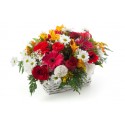 Basket with red roses, gerbera daisies white 