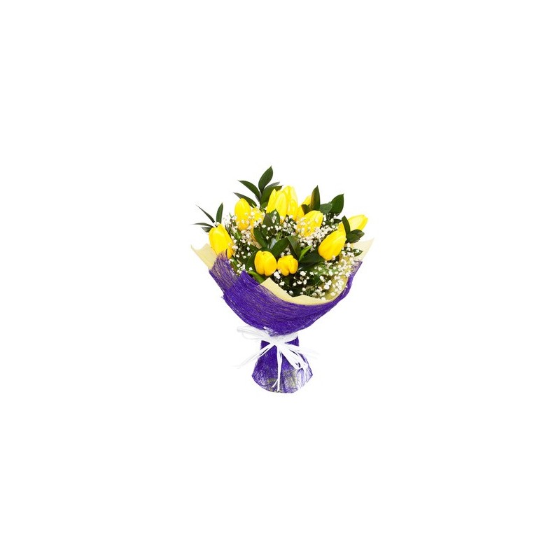 Bouqut de tulipanes amarillos, y las flores de la niebla.