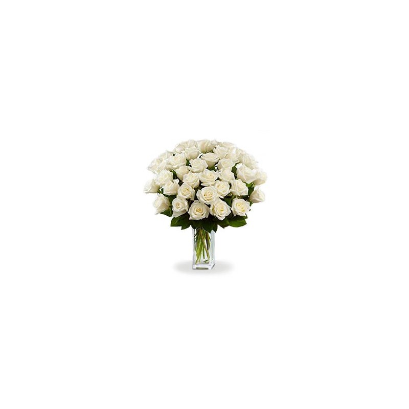 Mazzo di 20 rose  bianche con bacche verdi e foglie di verde