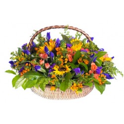 Gran cesto di Girasoli iris rose arancio e bacche rosse
