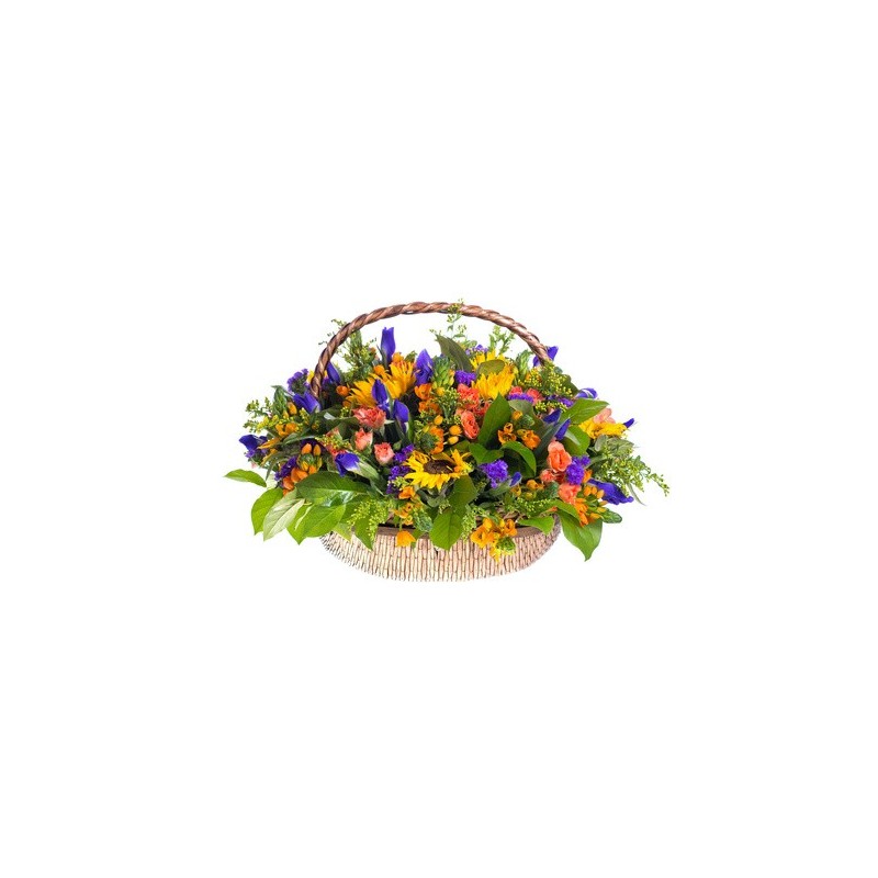 Grand panier de Tournesols, iris, roses, orange et fruits rouges
