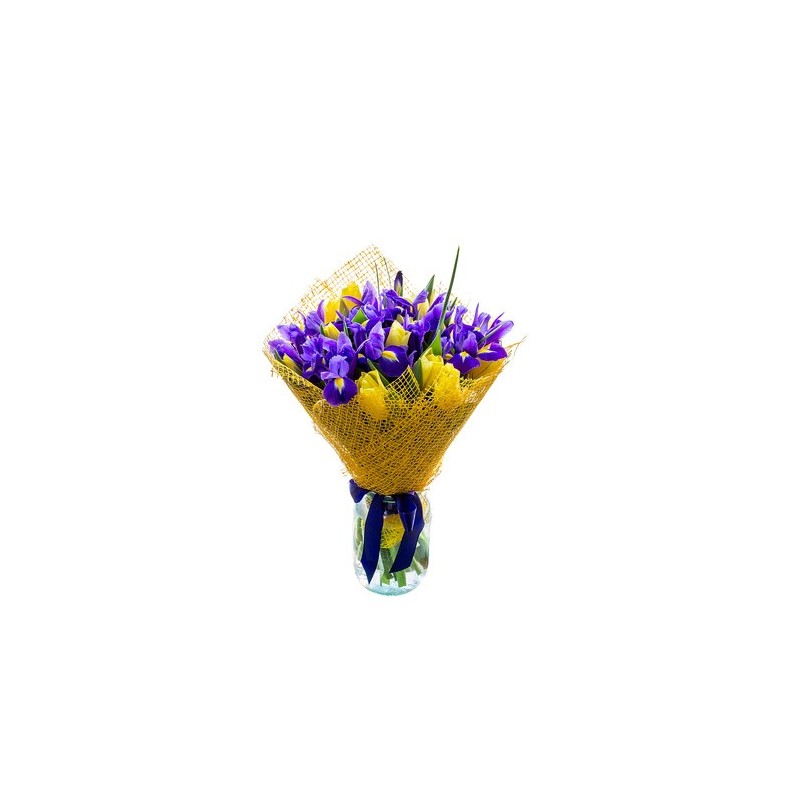 Bouquet of iris blue and tulips, yellow