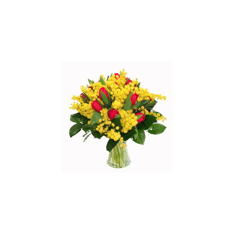 Bouquet de rouge de rouge de tulipes et de mimosa en vert complémentaires