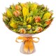 Bouquet of yellow tulips and blue iris flowers