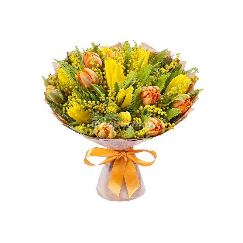 Bouquet of yellow tulips and blue iris flowers