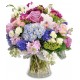 Bouquet in vetro con-ortensie blu-rose rosa e fiori di stagione