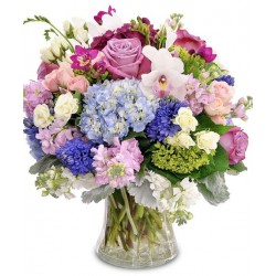 Bouquet in vetro con-ortensie blu-rose rosa e fiori di stagione