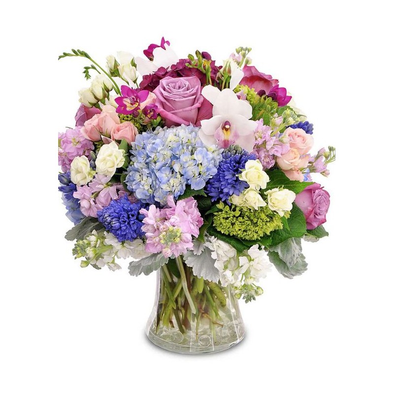 The composition and the glass-rose-alstroemeria-lilies rose..