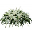 Almohada funeral de anthurium y gerberas rojas flores de la niebla