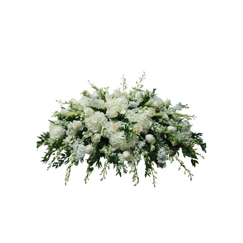 Almohada funeral de anthurium y gerberas rojas flores de la niebla