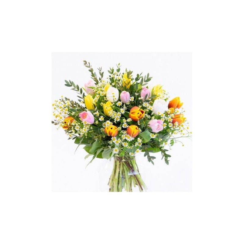 Buchet de lalele și iris albastru