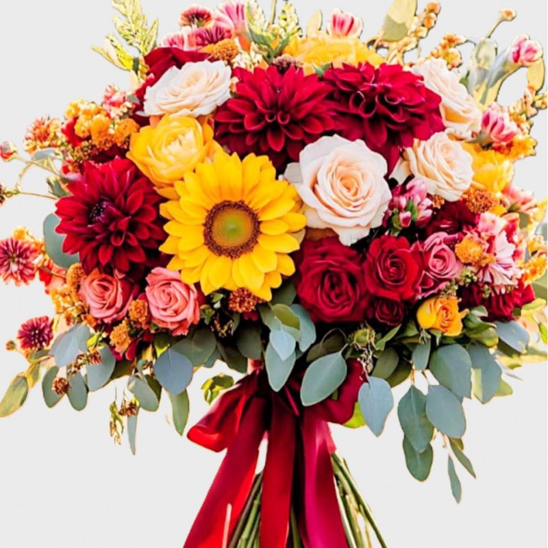 Ramo de gerberas,orquídeas y rosas rojas