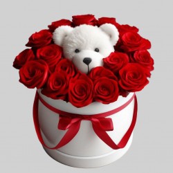 San Valentino9-- Basket of yellow roses with red bed the green complementary