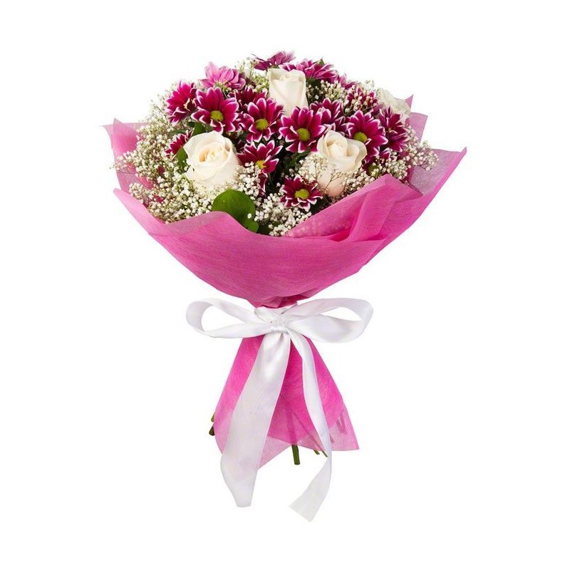 Ramo de flores con color de rosa, fucsia, rojo y lirios blancos --