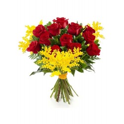 Rose rosse e mimosa