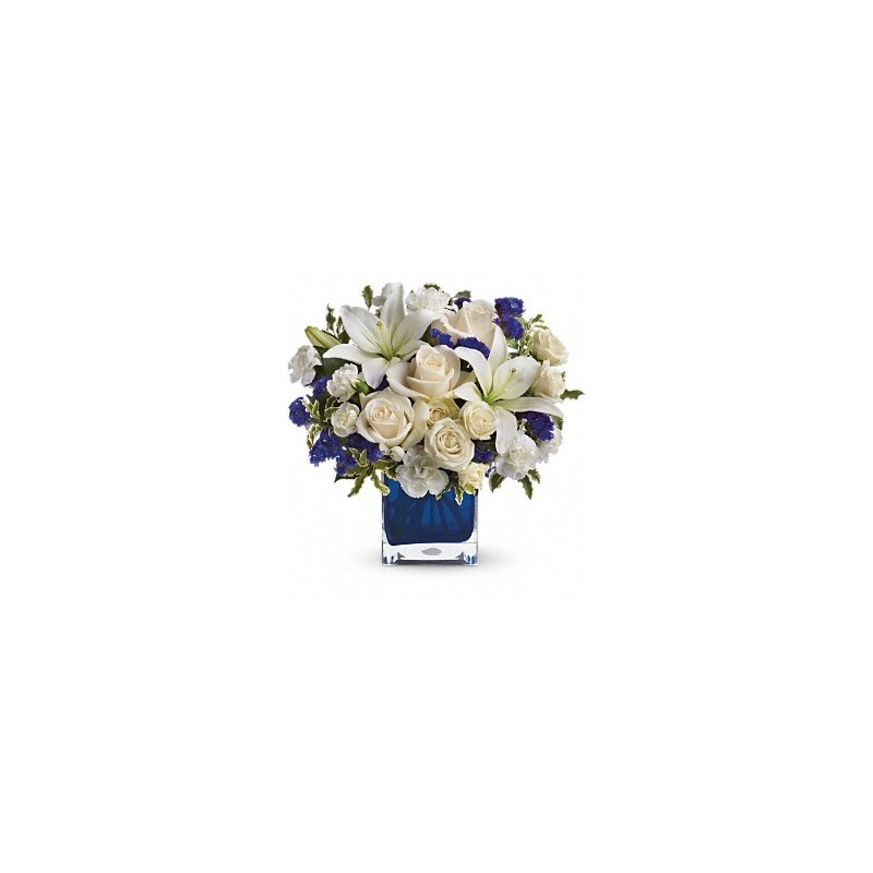 Composition of glass of a dozen white roses and blue flowers