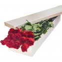 A dozen red roses in a box