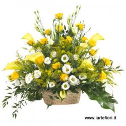 Basket funeral with yellow roses, calla lisianthus white