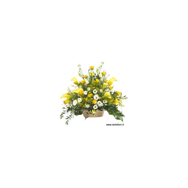 Coș inmormantare cu trandafiri galbeni, calla lisianthus alb