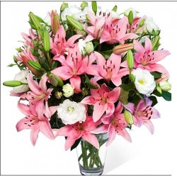 Deck gi lilies and pink lisianthus white