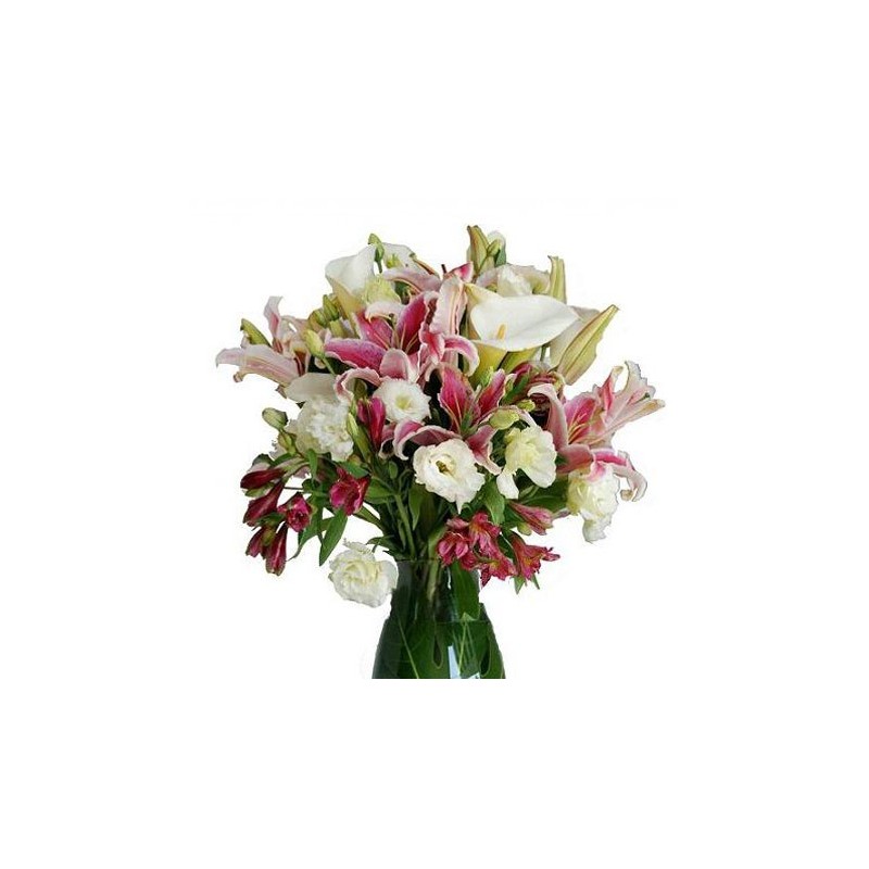 Beam lilium pink and white callas in green leaves.