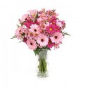 Bundle of gerbera pink,fuchsia,alstroemerie pink flowers and complementary green leaves