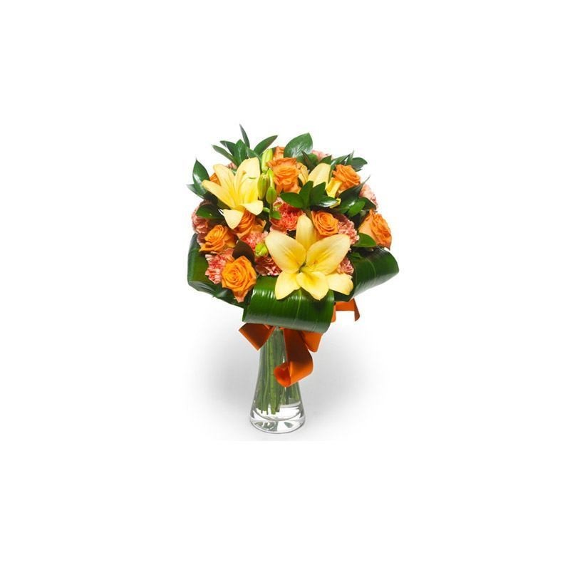 Bouquet of red roses, orange and gili yellow green complementary