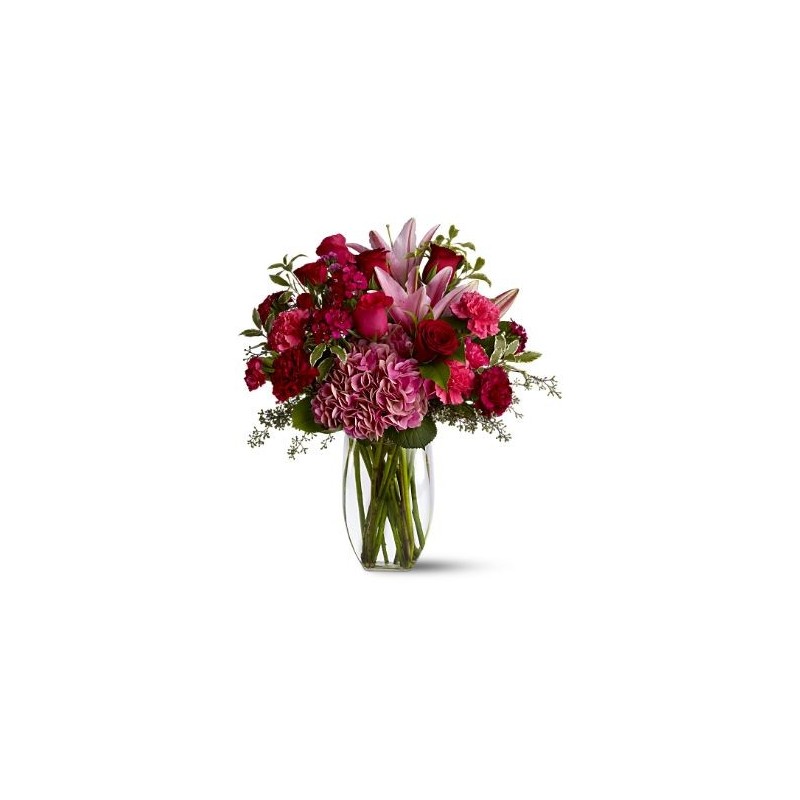 Combination of 12 red roses, lilies pink,pink carnations flowers furniture and green complementary