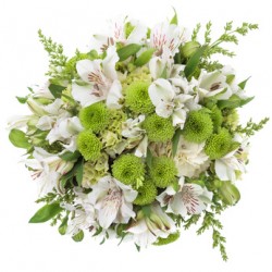 Bouquet with alstroemeria, white santini green leaves in the furniture
