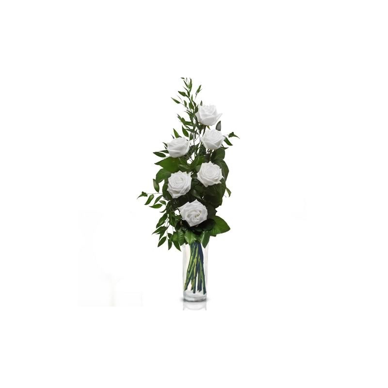 Bouquet de roses rouges, 6 blanc avec du vert, de baies et de feuilles vertes