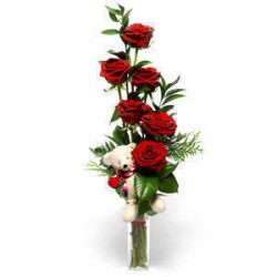  San Valentino7 -- 6 rosas rojas con un lindo juguete de la felpa en las hojas de verde